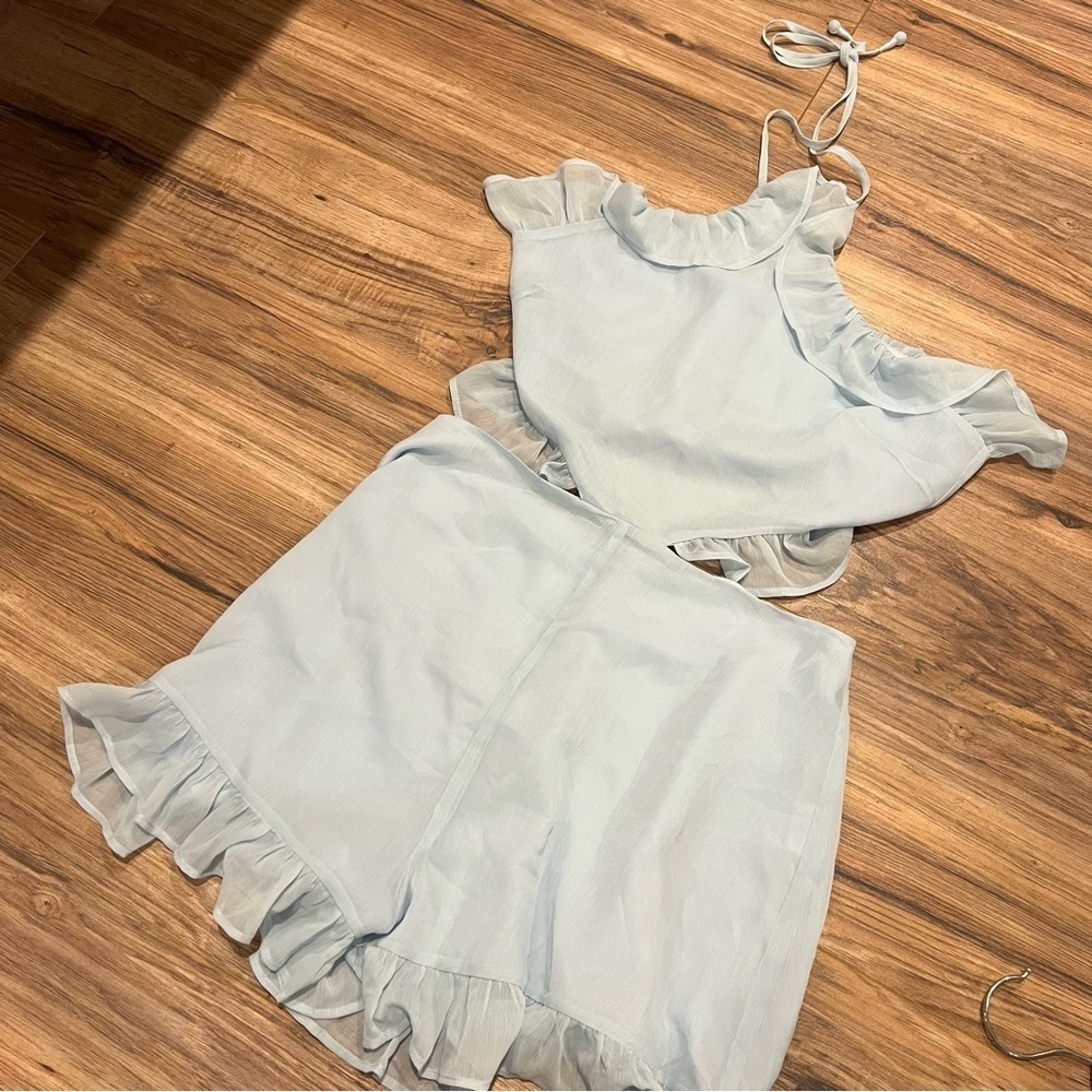 Revolve Tularosa Thea Halter Ruffle Romper in Baby Blue - Picture 2 of 10
